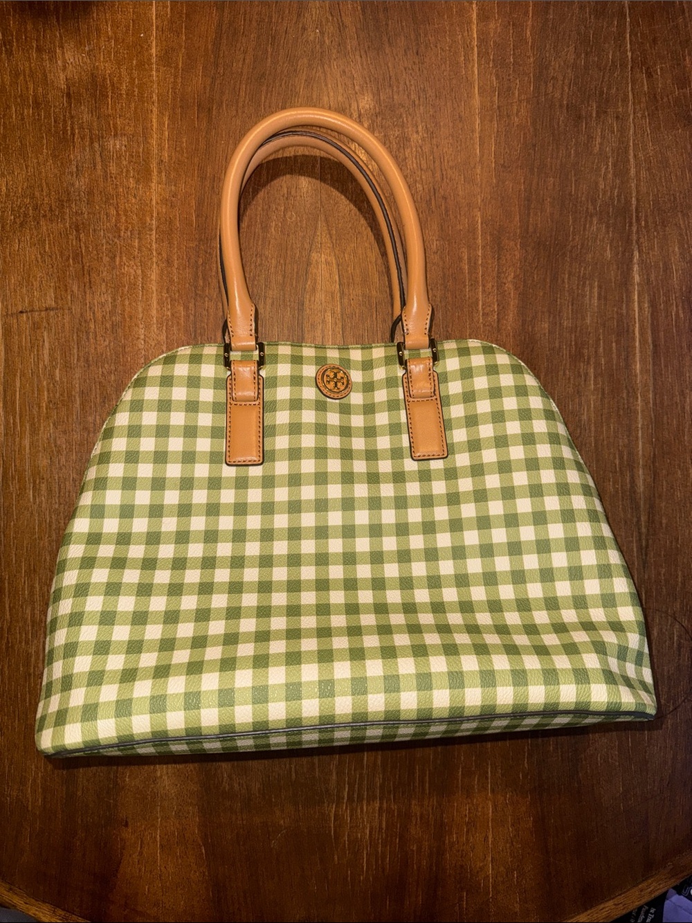 Tory Burch Green Gingham Tote with Tan Leather Handles